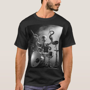 Camiseta del Baterista Pulpo en Blanco y Negro