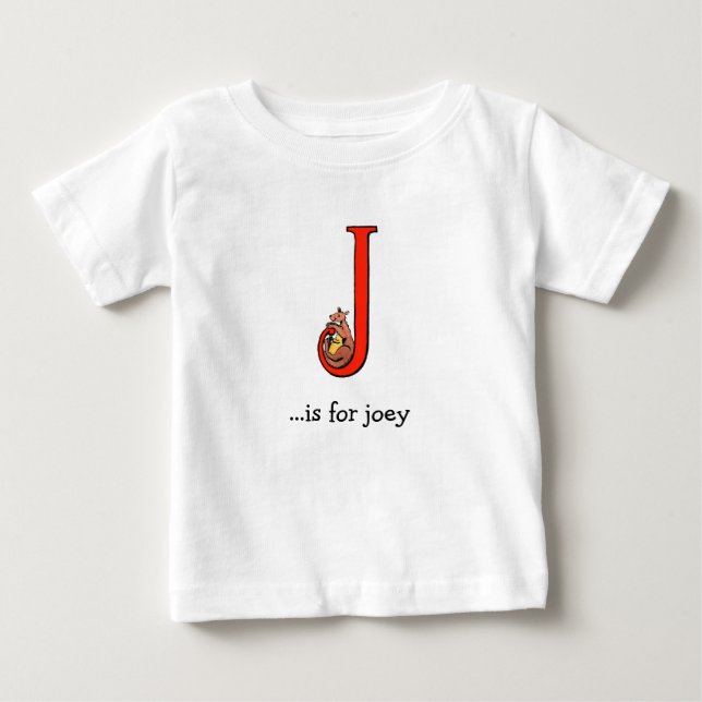 Camiseta del bebé del alfabeto: J está para Joey (Anverso)
