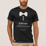 Camiseta del Boda de los zapatos blancos de Fun Gr<br><div class="desc">Estas divertidas camisetas están diseñadas como favores o regalos para los bodas. La camiseta es negra y tiene una imagen de una corbata blanca y tres botones. El texto dice Groomsman, y tiene un lugar para introducir el nombre del timonel, así como el nombre de la pareja boda y la...</div>