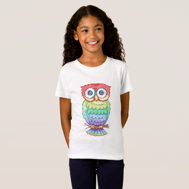 Camiseta del búho del arco iris de los chicas (Anverso completo)