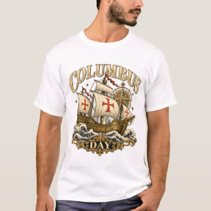 Camiseta del Día de Columbus con brújula dorada y 