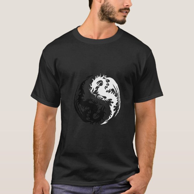 Camiseta del dragón de Yin Yang blanco y negro (Anverso)