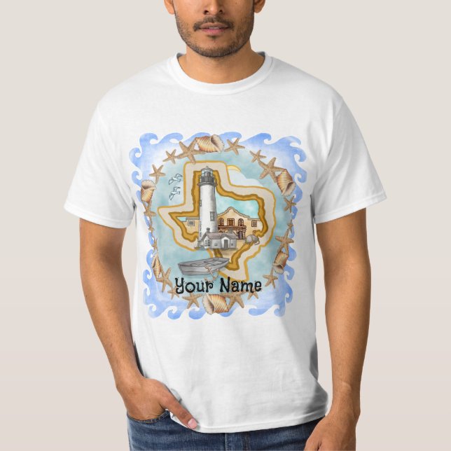 Camiseta del faro de Texas sobre conchas (Anverso)