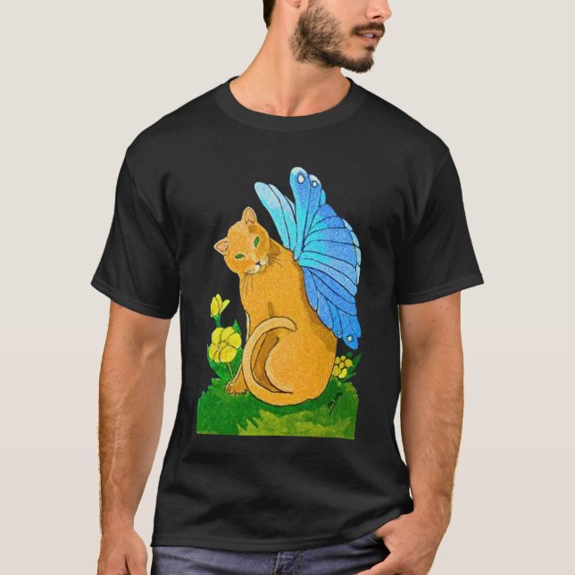 Camiseta del gato de la mariposa (diseño oscuro) (Anverso)