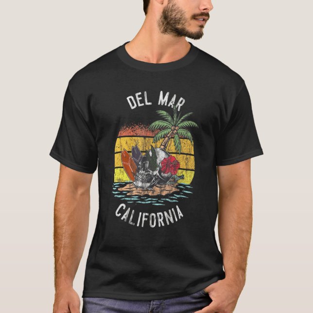 Camiseta Del Mar Beach California Palms Skull Surf Sunset V (Anverso)