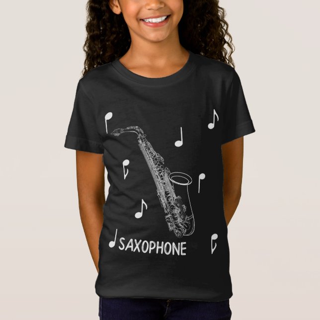 Camiseta del saxofón de las notas musicales (Anverso)