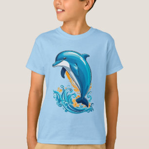 Camiseta Delfín Azul Saltando Sobre Olas del Océano