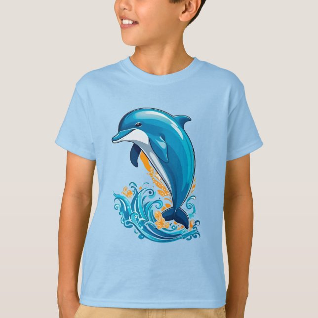 Camiseta Delfín Azul Saltando Sobre Olas del Océano (Anverso)
