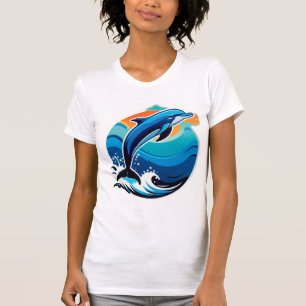 Camiseta Delfín Azul Saltando Sobre Olas del Océano