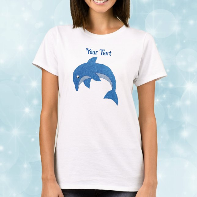 Camiseta Delfín blanco azul esparcido en posición de salto (Cute jumping dolphin in sparkle blue and white on adult tee shirt.)