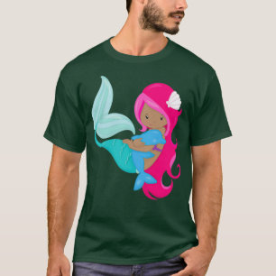 Camiseta Delfín de cabello rosa de sirena afroamericana