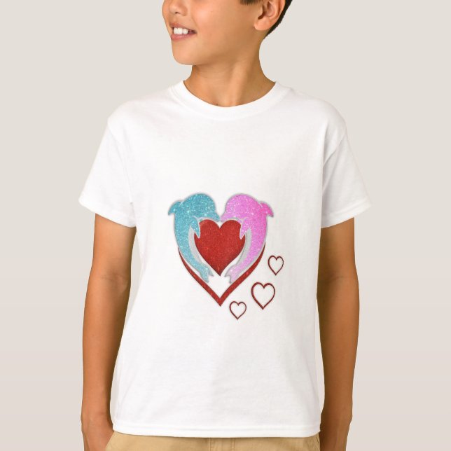 Camiseta Delfines azules rosados cortos sosteniendo un cora (Anverso)