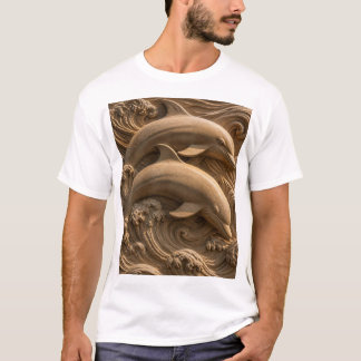 Camiseta Delfines de Madera Tallada Olas del Océano Gráfica