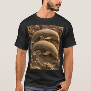 Camiseta Delfines de Madera Tallada Olas del Océano Gráfica
