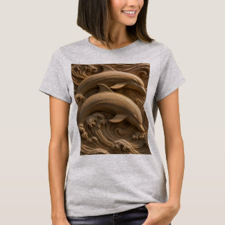 Camiseta Delfines de Madera Tallada Olas del Océano Gráfico