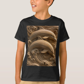 Camiseta Delfines de Madera Tallada Olas del Océano Gráfico