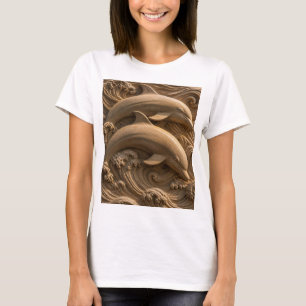 Camiseta Delfines de Madera Tallada Olas del Océano Gráfico