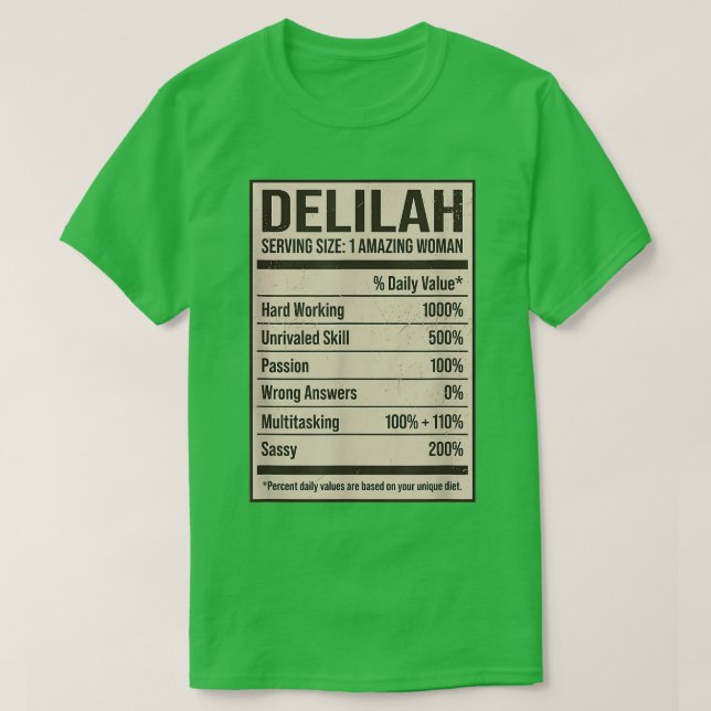 Camiseta Delilah Nutrition Facts Name Nickname Alias Title  (Diseño del anverso)