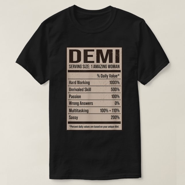 Camiseta Demi Nutrition Facts Name Nickname Alias Title Fri (Diseño del anverso)