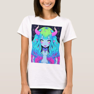 Camiseta Demon Chica azul, rosa y anime verde de Kawaii