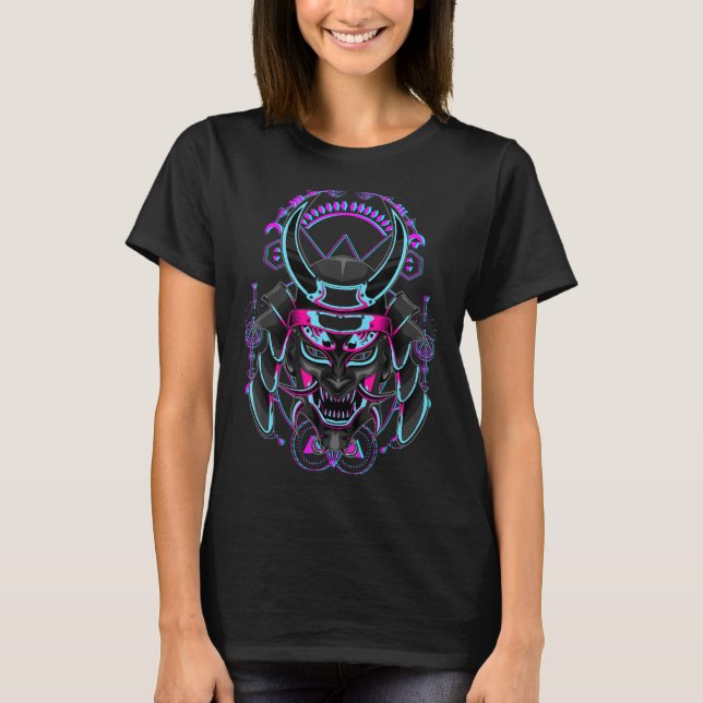 Camiseta Demon japonés Samurai Oni Face Mask Glitch (Anverso)