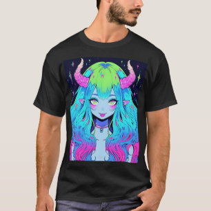 Camiseta Demonio de chica anime azul, rosa y verde Kawaii