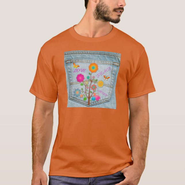 Camiseta Denim Back Pocket Flowers Peace Love Hope (Anverso)