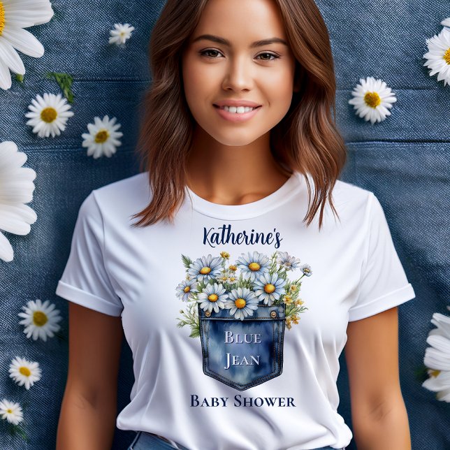Camiseta Denim Blue Jean | Daisies Floral Baby Shower (Blue Jean Pocket Denim and Daisies Baby Shower T-Shirt)