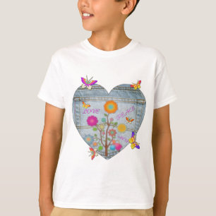 Camiseta Denim Pocket Heart Flowers Butterflies