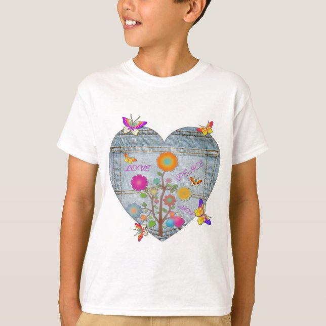 Camiseta Denim Pocket Heart Flowers Butterflies (Anverso)