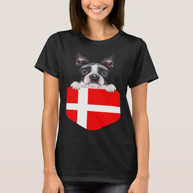 Camiseta Denmark Flag Boston Terrier Dog In Pocket (Anverso)