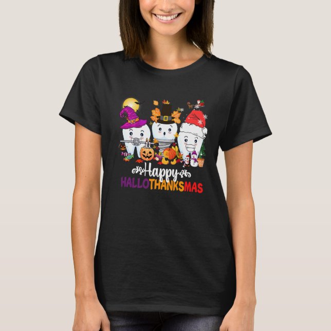 Camiseta Dental Happy HalloThanksmas dentaduras gnome Happy (Anverso)
