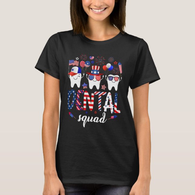 Camiseta Dental Squad Cute Teeth USA Flag Fireworks 4th Of  (Anverso)