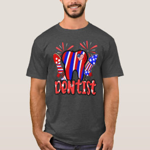 Camiseta Dentista Diente Fuegos Artificiales Bandera Americ