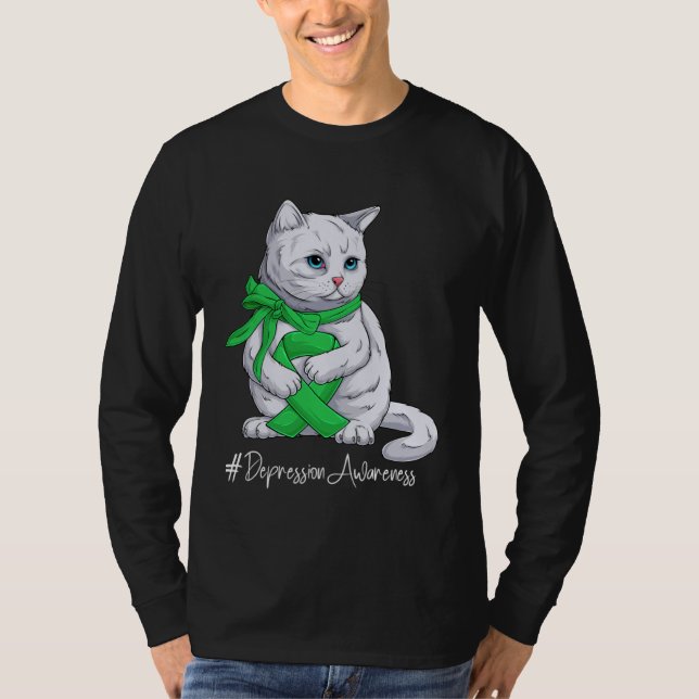 Camiseta Depression Awareness Month Green Ribbon Cat (Anverso)