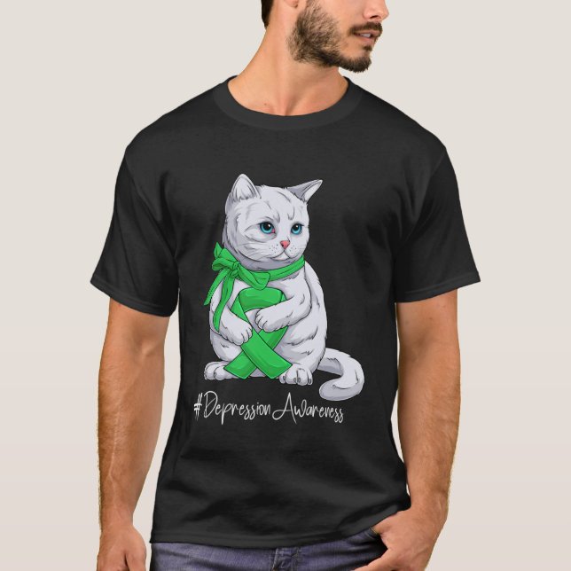 Camiseta Depression Awareness Month Green Ribbon Cat (Anverso)