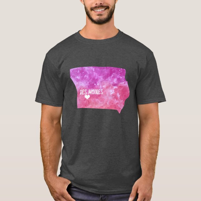 Camiseta Des Moines Iowa estado EE.UU. Mapa acuarela rosa (Anverso)