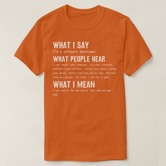 Camiseta Desarrollador de software Lo que digo Lo que la ge (Diseño del anverso)