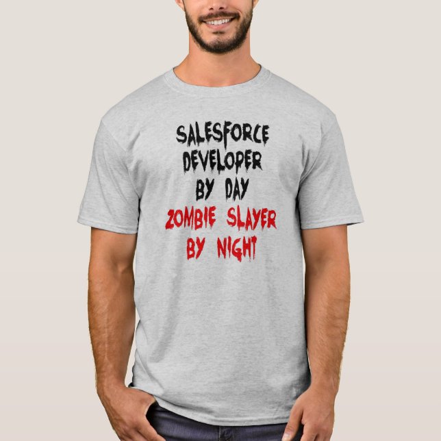 Camiseta Desarrollador Zombie Slayer Salesforce (Anverso)