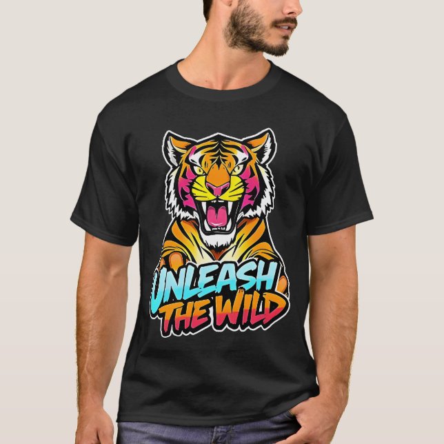 Camiseta Desata lo Salvaje – Arte de Neón de Tigre Rugiente (Anverso)