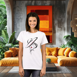 Camiseta Descripción de arte de línea de mujer con sombrero