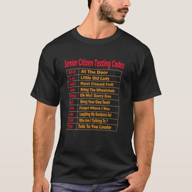 Camiseta Descuento de códigos de texto para adultos mayores (Anverso)