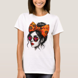 Camiseta Desordenado Bun Chica Calabaza Scary Halloween Cañ