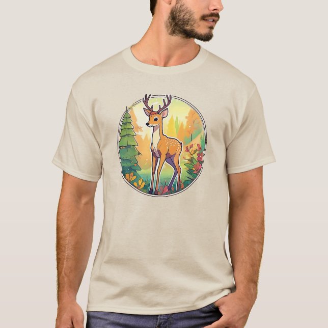 Camiseta Dessin d’un cerf dans la forêt. (Anverso)