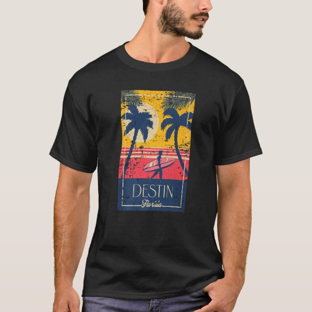 Camiseta Destin Florida Retro Surfer Beach Sunset Distresse (Anverso)