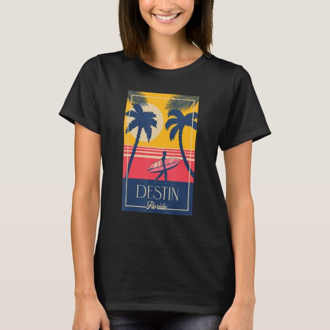 Camiseta Destin Florida Retro Surfer Beach Sunset Palm Tree (Anverso)