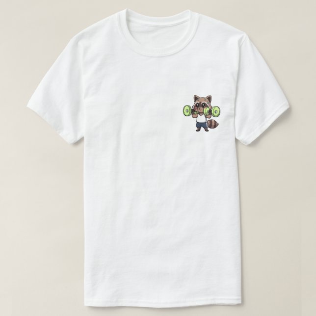 Camiseta Determined Cartoon Raccoon Character Lifting Green (Diseño del anverso)
