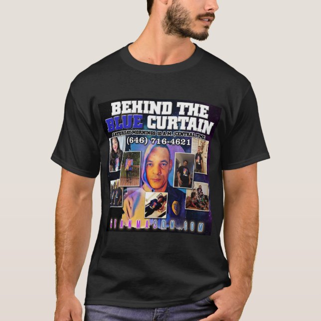 Camiseta Detrás del cartel de escucha de cortina azul (Anverso)
