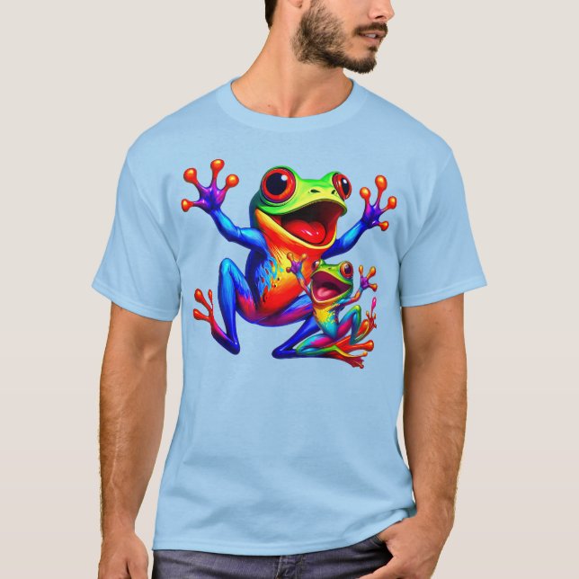 Camiseta Deux grenouilles colorées qui sautent de joie. (Anverso)