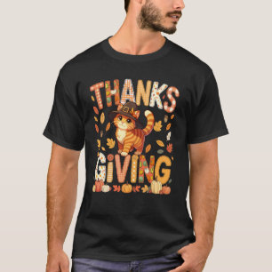 Camiseta Día de Acción de Gracias Gato Lindo Peregrino Hoja